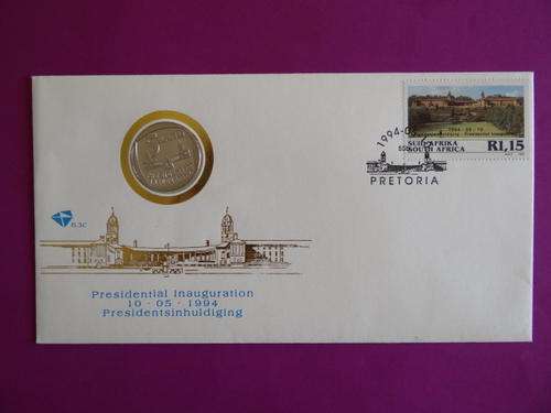 THE ORIGINAL MANDELA R5 INAUGERATION PROOF COIN WITH THE MANDELA FIRST DAY COVER.